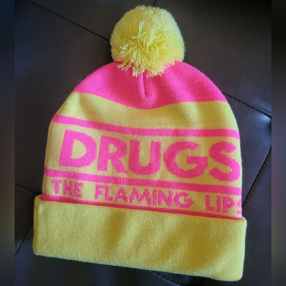 Yellow and Pink Beanie "Drugs Help" The Flaming Lips Tour Merch